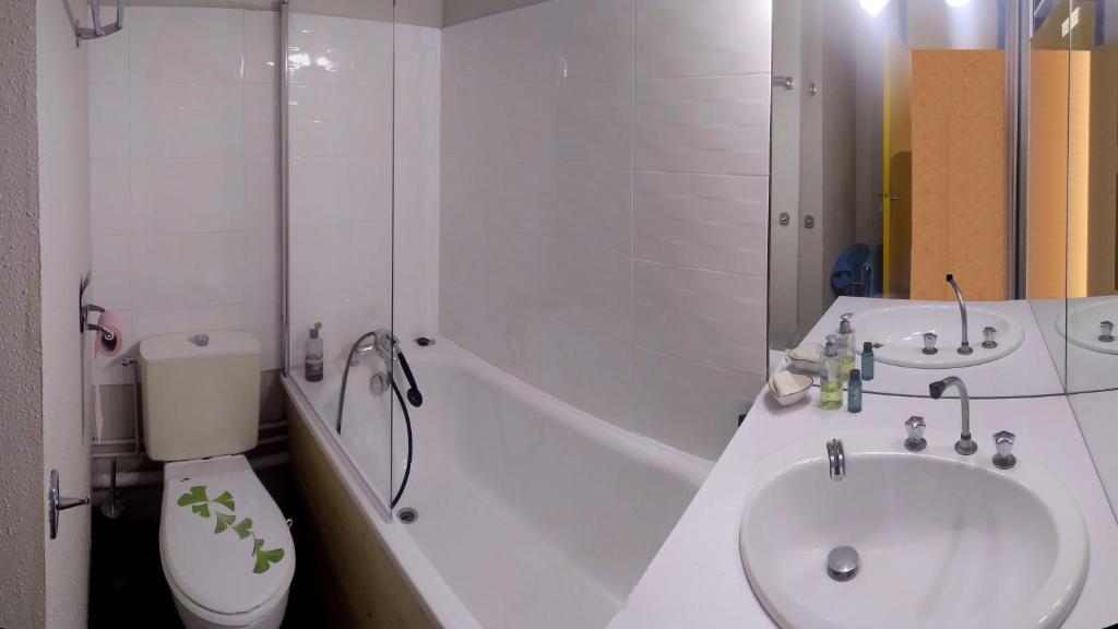 拉姆吉Superbe appartement vue panoramique pied des pistes的浴室配有盥洗盆、卫生间和浴缸。