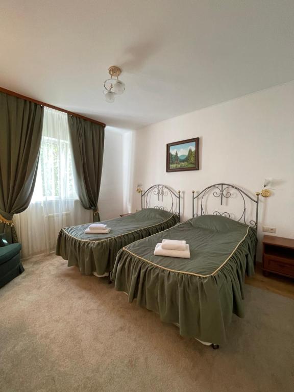 基辅古萨斯凯酒店及公寓的一间卧室配有两张带绿床单的床