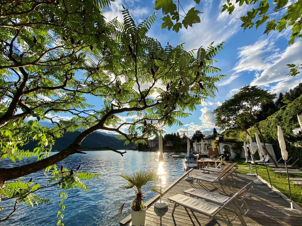 米尔施塔特尼格拉舒酒店的享有带椅子和树木的湖景