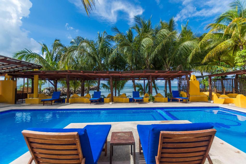 蓬塔米塔Hotel Meson de Mita的一个带椅子和棕榈树的度假游泳池