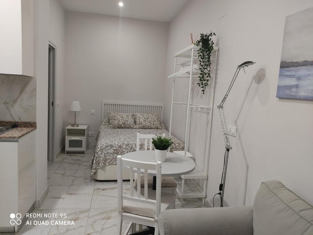 马德里Estudio 2 personas Wifi fácil acceso centro de Madrid的白色的小房间,配有床和桌子