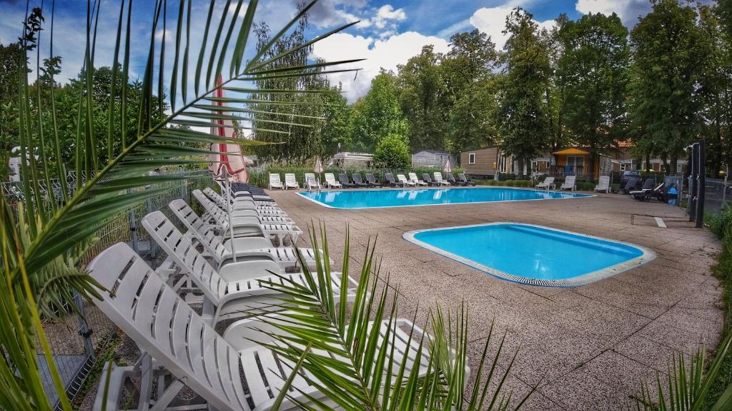 布拉格布拉格索科尔露营酒店的一组白色椅子和一个游泳池