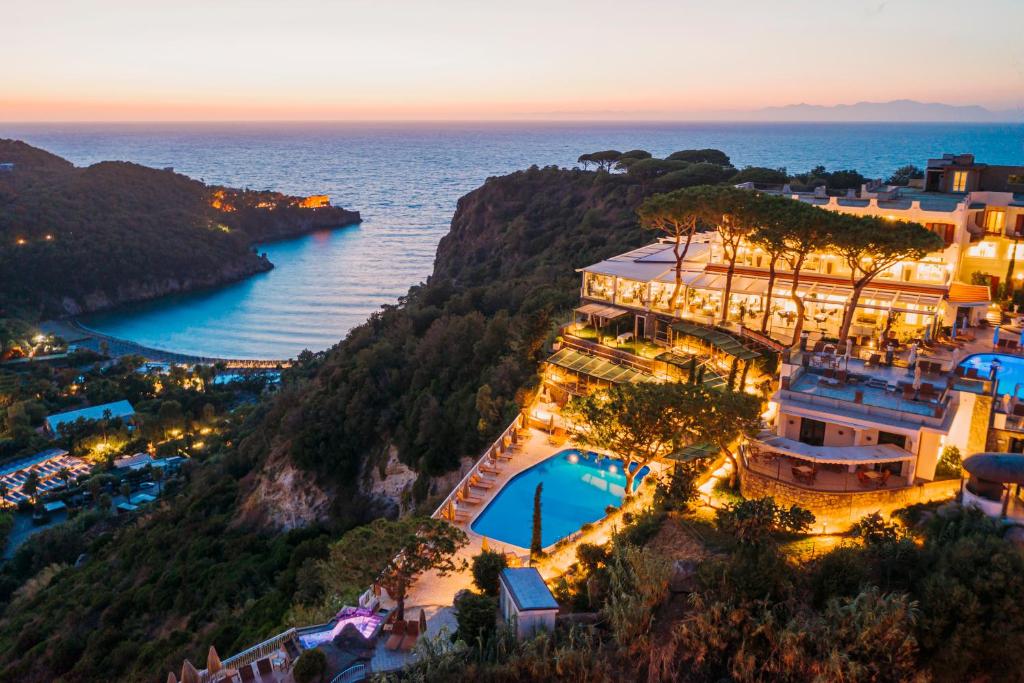 伊斯基亚圣蒙塔诺Spa度假酒店 的享有带游泳池和海洋的度假村的空中景致