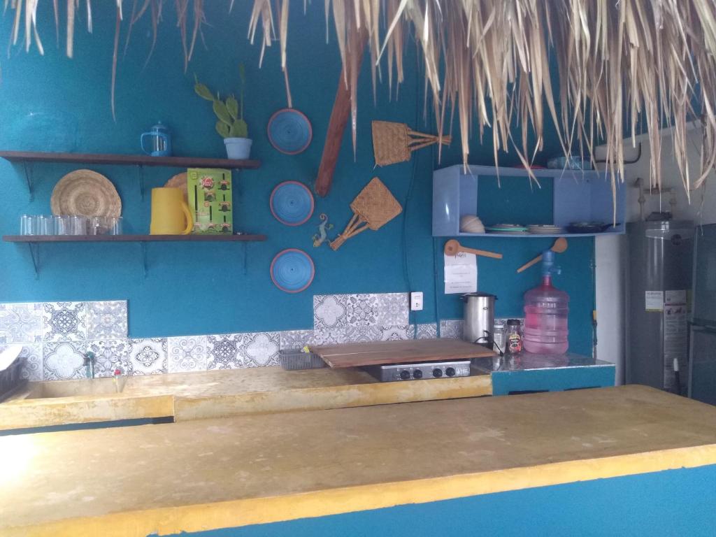 玛哈威Hostal Jardin的厨房拥有蓝色的墙壁和带餐具的柜台。