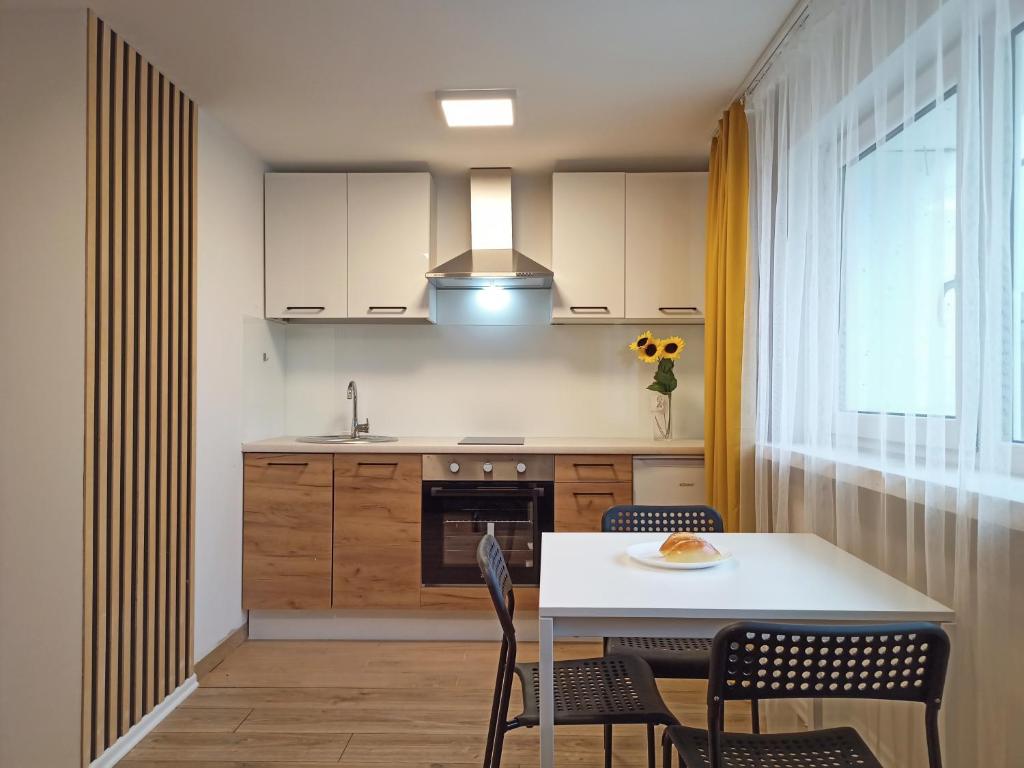 比亚韦斯托克Apartamenty W Domu的厨房配有桌椅和窗户。