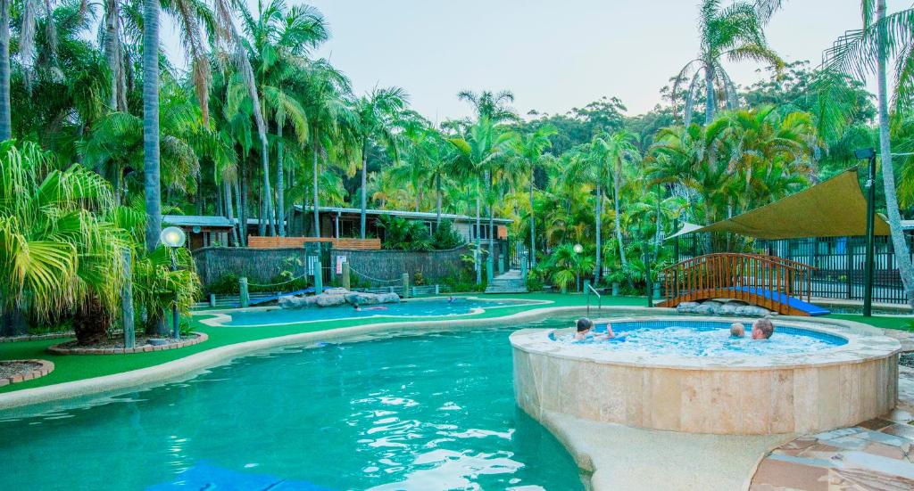 阿沃卡海滩阿沃卡棕榈树酒店的和度假村内的人一起使用的游泳池