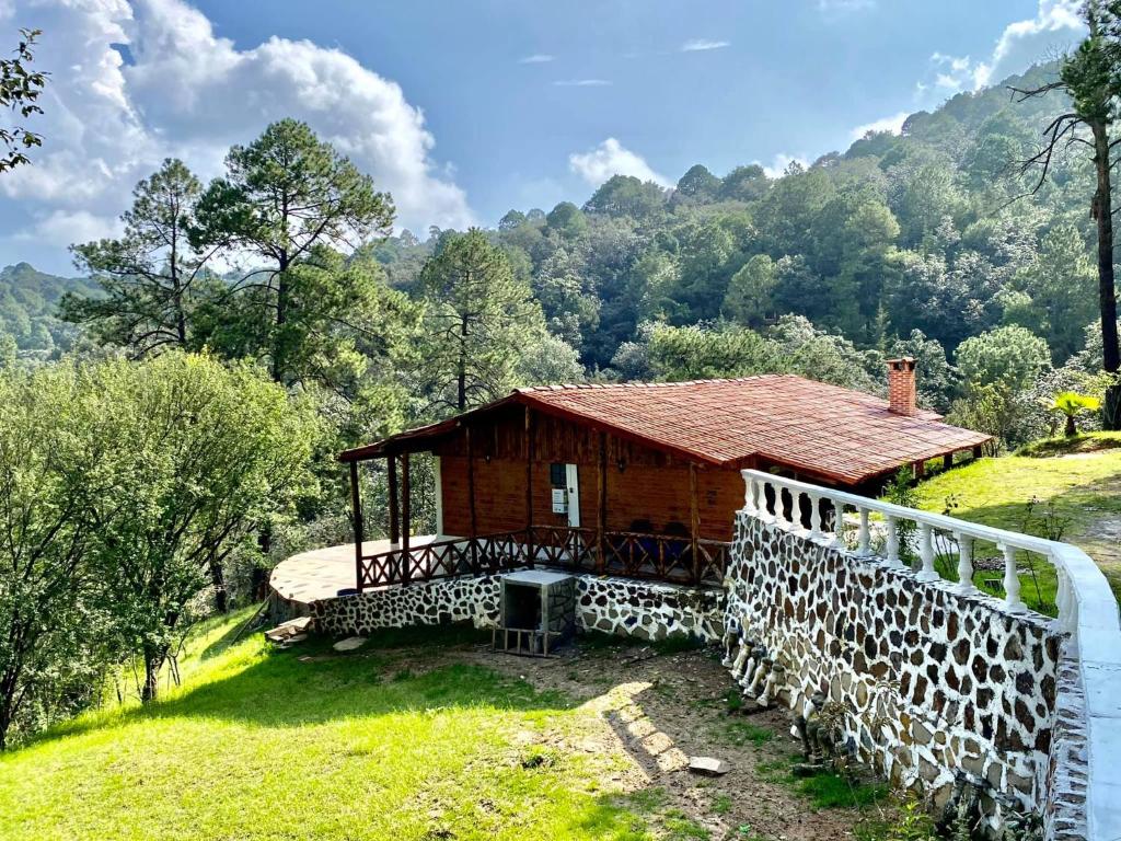 卡尔波镇Quinta del Río的山丘上带屋顶的小木屋