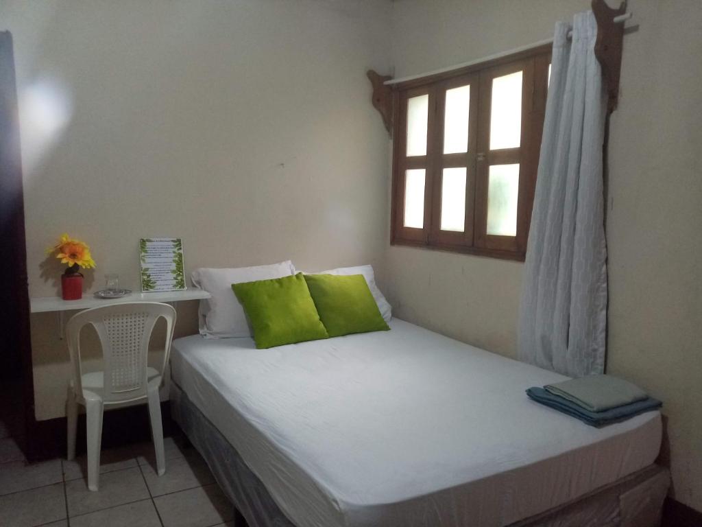 格拉纳达Cafetín-Hostal Rincón NICA的一间卧室配有一张带绿色枕头的床和一扇窗户