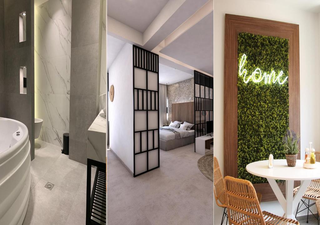 雅典K58 Luxury Apartment Monastiraki Metro Station Acropolis Jacuzzi的浴室和卧室的两张图片