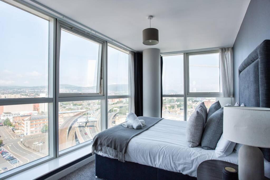 贝尔法斯特Titanic & City Views, Ultra Luxury City Parking的一间卧室设有一张床和大窗户