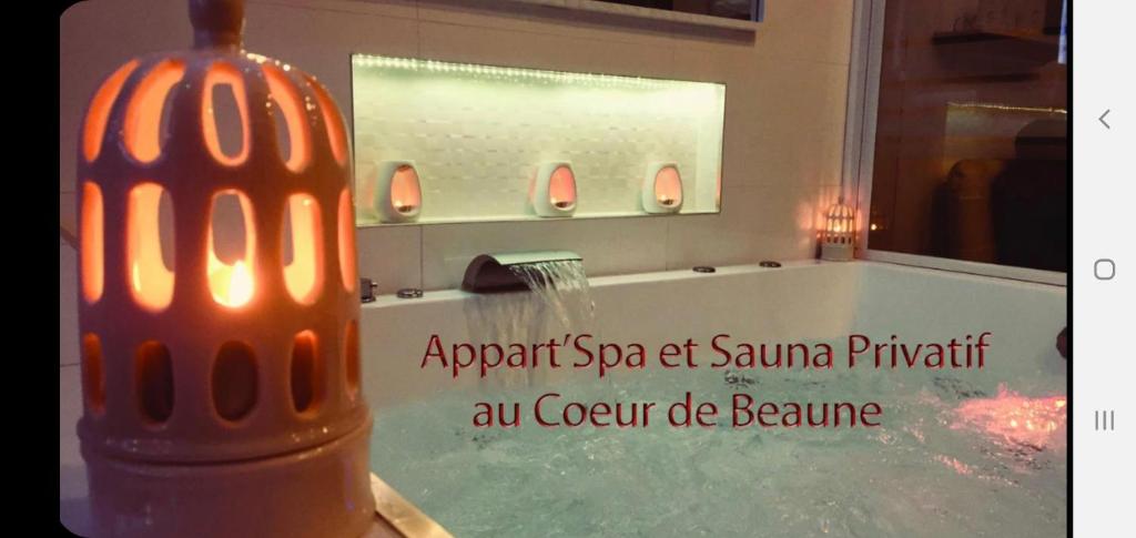 博讷Appart' Spa et Sauna Privatif Au Cœur De Beaune的带浴缸的浴室,上面有标志