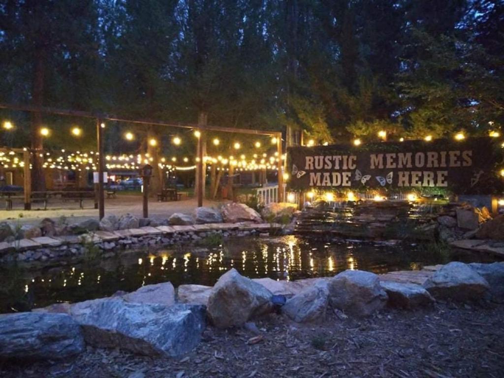 大熊湖Grey Squirrel Resort的一座带灯光和池塘的夜间建筑