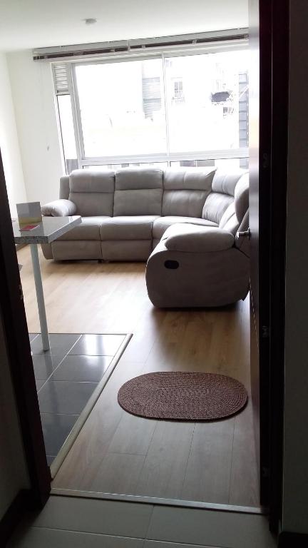 波哥大Apartaestudio Sector Hayuelos的带沙发和地毯的客厅