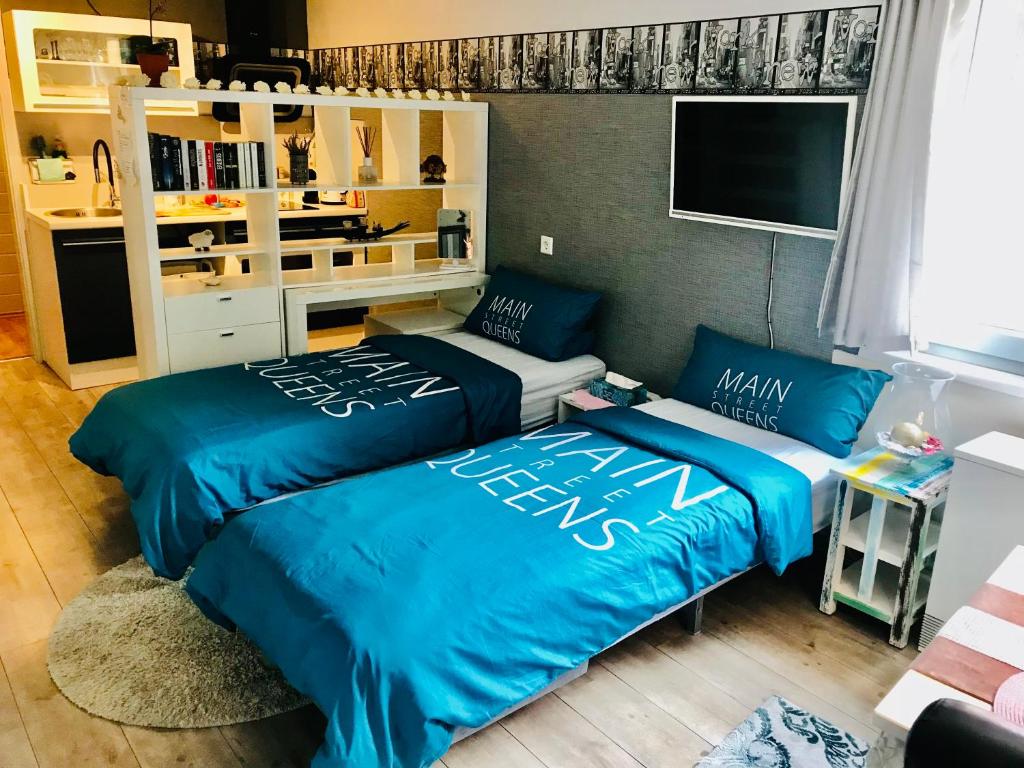 赖因斯特滕Wohnung mit Charme, Netflix的配有蓝色床单的客房内的两张床