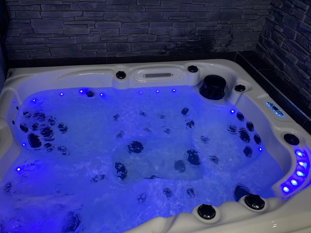 鲁贝Diane Luxury 2的客房内的按摩浴缸配有蓝色的灯光