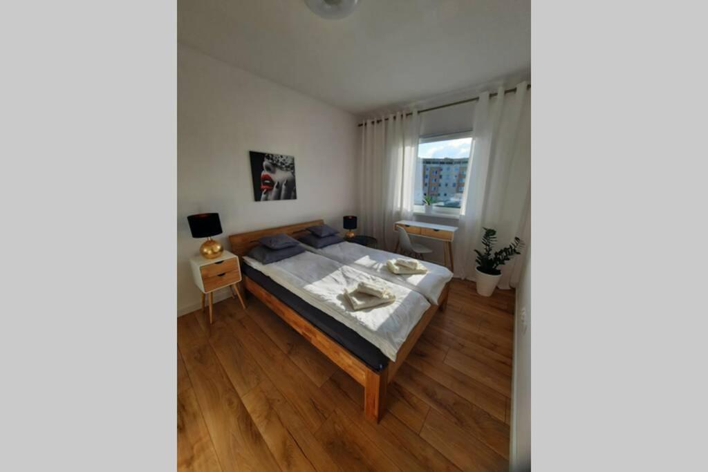 耶莱尼亚古拉Apartament Mazurek的一间卧室设有一张大床和一个窗户。