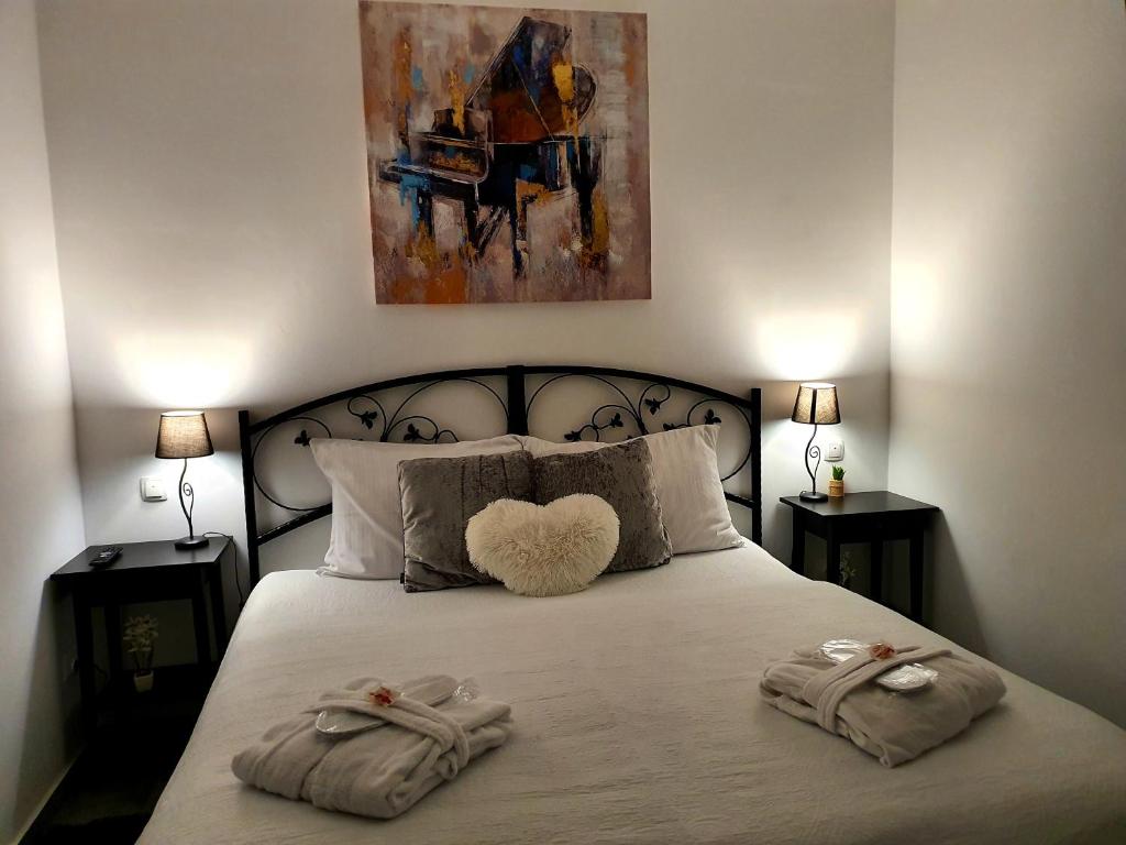 瓦拉日丁Central Luxury Apartments的一间卧室配有一张床,上面有两条毛巾