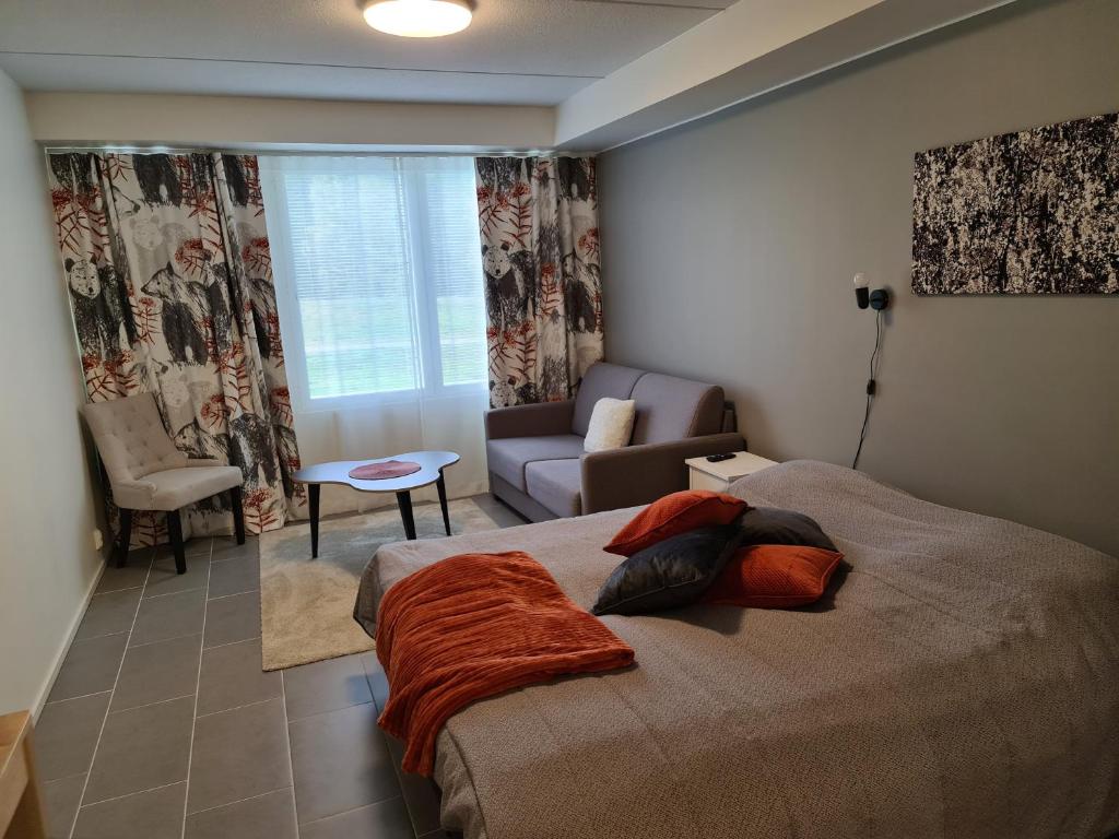 锡尔卡Levillenet studio apartment at Levi City centre的一间卧室设有一张床和一间客厅。