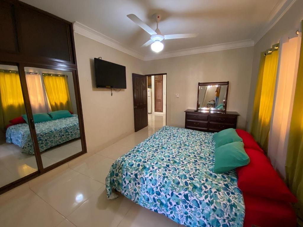 哈拉瓦科阿Oasis de paz的一间卧室配有一张床、镜子和电视