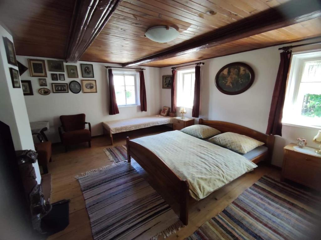 克拉斯纳利帕Cafe Nostalgie čtyřlůžkový apartmán的一间带一张床的卧室,位于带木制天花板的房间内