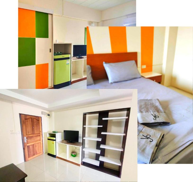 乌汶โรงแรมวิจิตรพร อุบล VJP Hotel Ubon的两张照片,房间配有一张色彩缤纷的墙壁床
