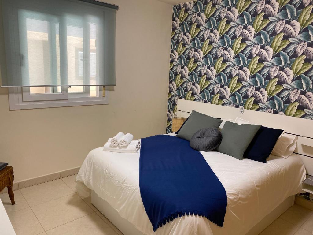 巴耶格兰雷伊Apartamento Ro-Ro Valle Gran Rey的一间卧室配有一张带蓝色毯子的床