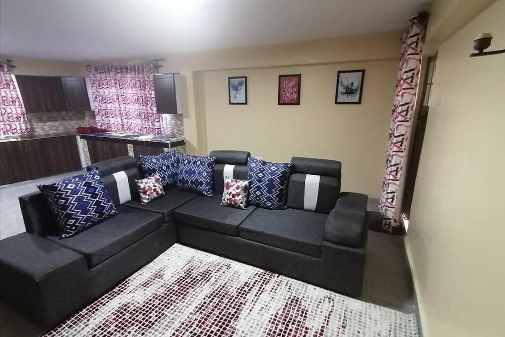 KisiiLass Grove Home的客厅配有带枕头的黑色沙发