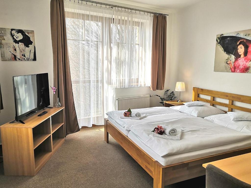 乌赫尔布罗德Hotel U Brány的一间卧室配有两张床和一台平面电视