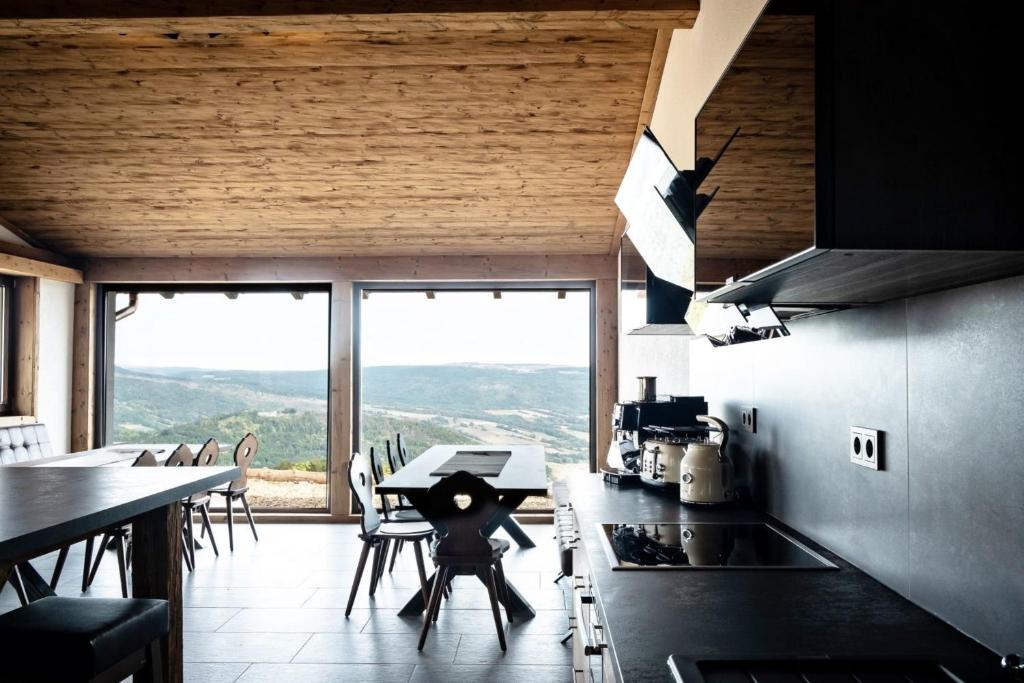 伦山前比绍夫斯海姆Haflinger Alm的一个带桌椅和大窗户的厨房