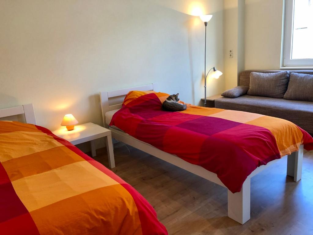 die Senfbude - wunderschöne Apartments für 4 Personen mit Terrasse & Stellplatz客房内的一张或多张床位