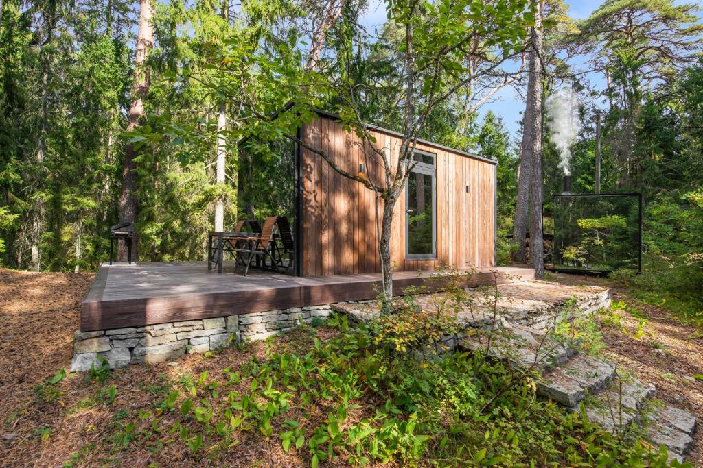 RannamõisaÖÖD Hötels Rannamõisa - with sauna的树林中带甲板的小房子