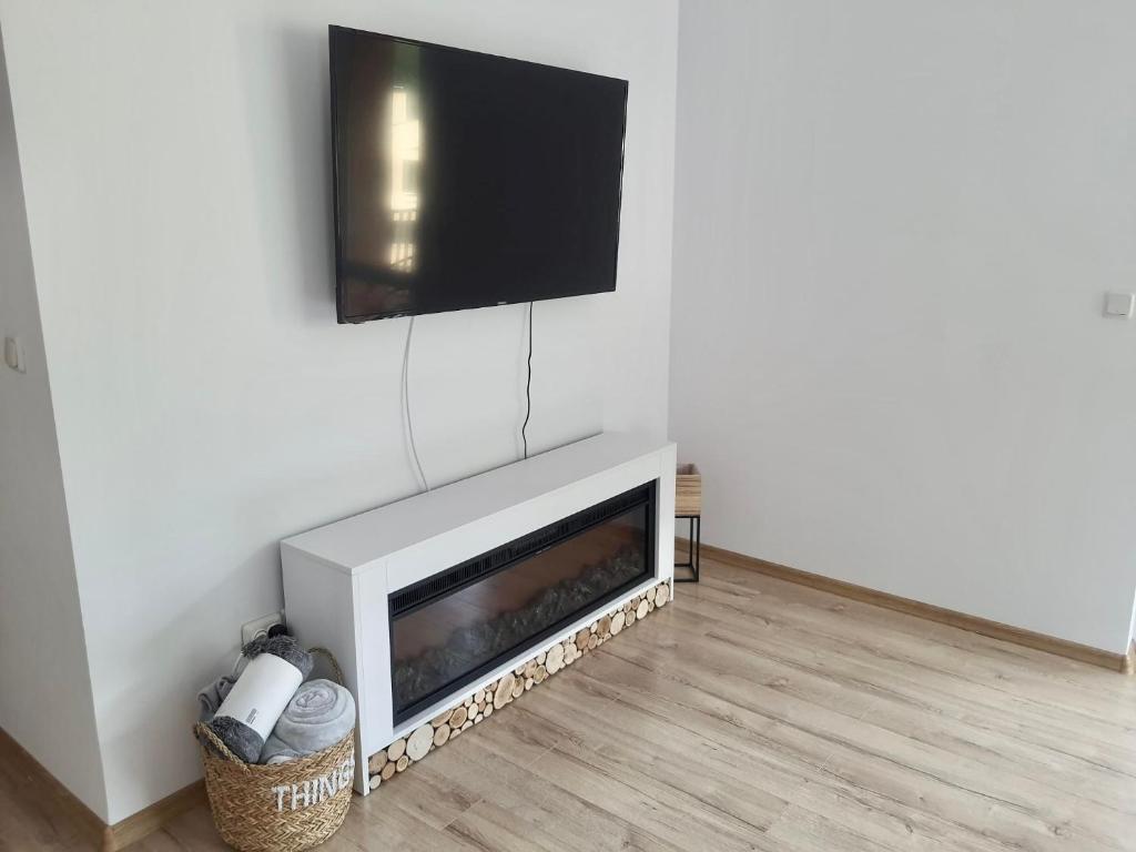 锡纳亚Vita Bella Sinaia的客厅设有壁炉,墙上配有电视。