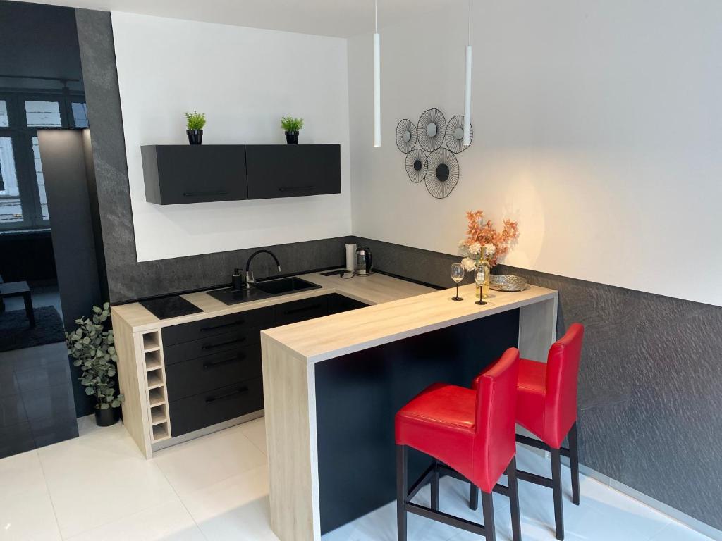 别尔斯克-比亚拉Apartamenty Planeta的厨房配有水槽和2把红色椅子