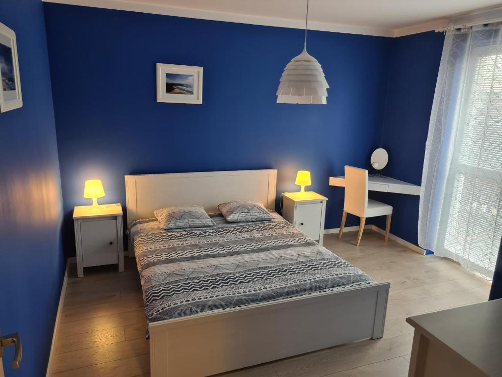 克拉科夫Wielicka Apartment 2的蓝色卧室配有一张床和一张书桌