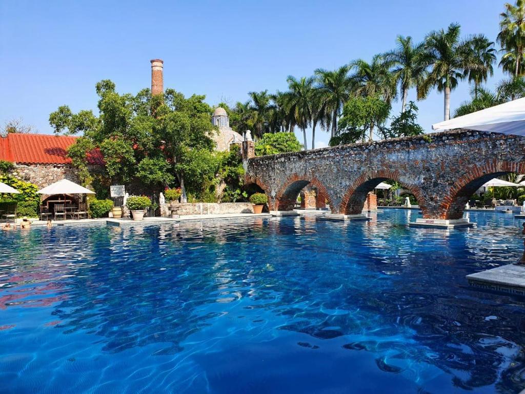 特克塞丁戈何尔摩沙景观庄园酒店的一座带石桥和棕榈树的游泳池