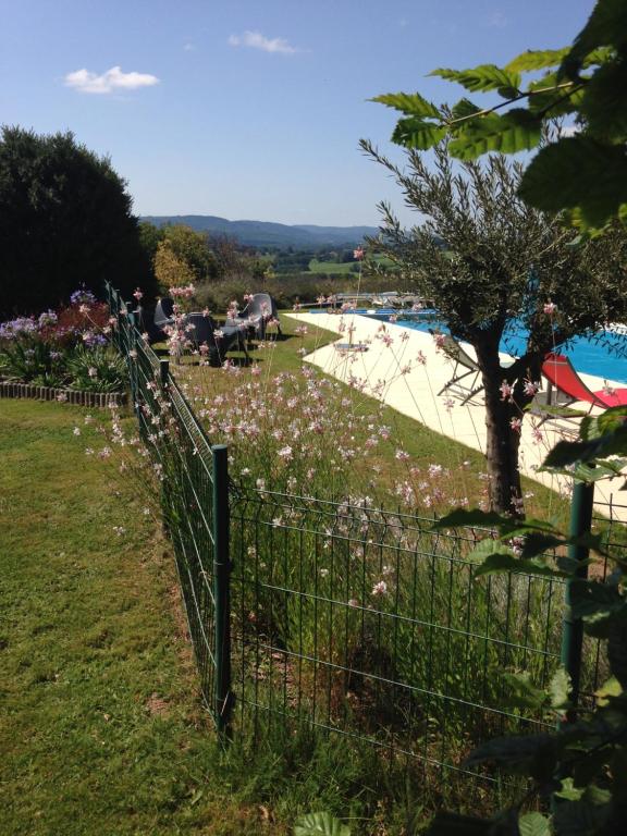 BourganeufLe gîte du mas avec piscine的鲜花盛开的游泳池前的围栏