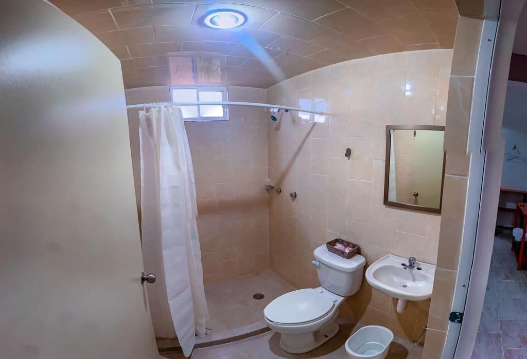 底拉斯卡拉ANBAROA VILLAS的带淋浴、卫生间和盥洗盆的浴室