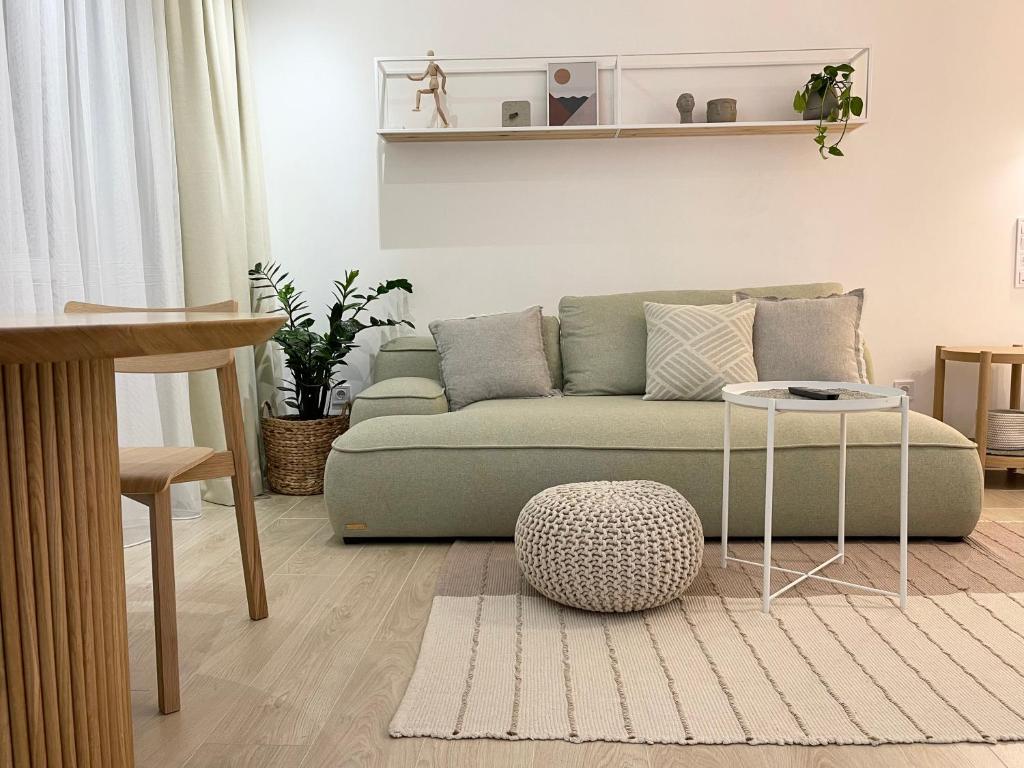 伊万诺-弗兰科夫斯克White Goose的客厅配有绿色沙发和桌子