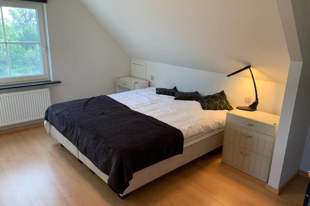 KruisemDuplex Appartement Nokeredorp - Vlaamse Ardennen的一间卧室配有床、灯和窗户