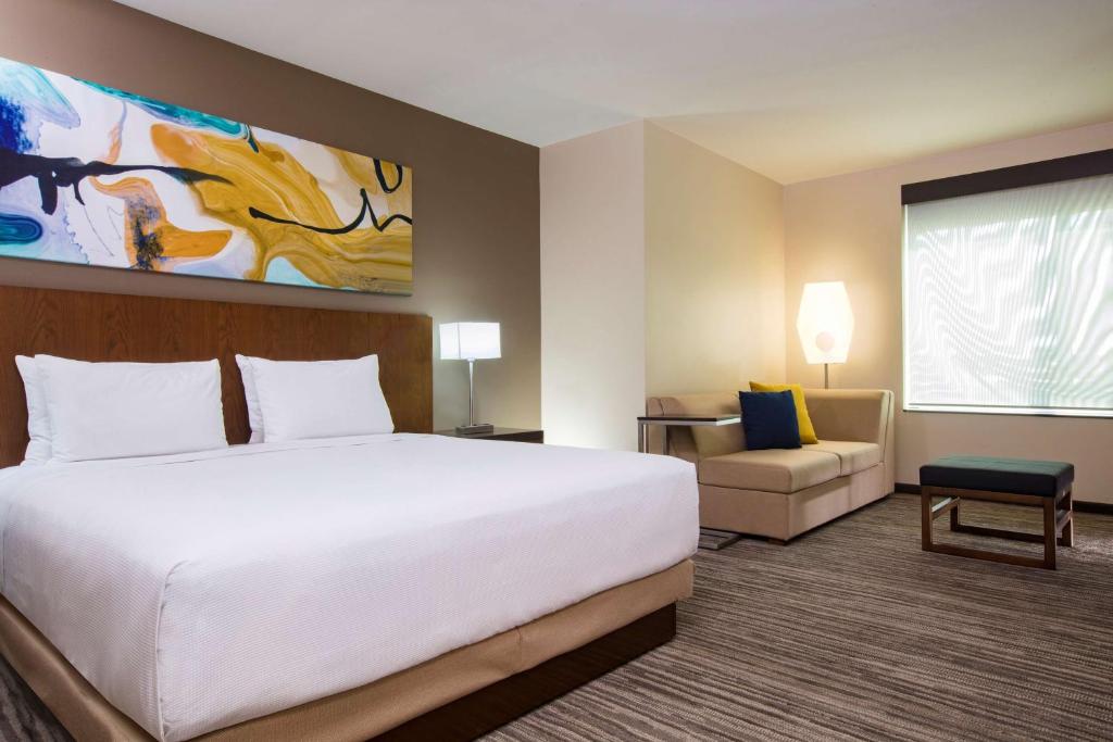 阿瓜斯卡连特斯Hyatt Place Aguascalientes Bonaterra的酒店客房设有一张大床和一张沙发。