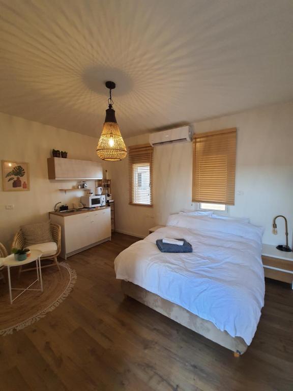Beʼer Oraחדר במדבר的一间带白色大床的卧室和一间厨房