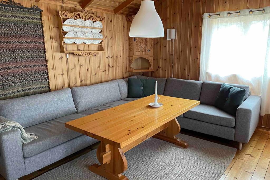 奥普达尔Charming Mountain Cabin的带沙发和木桌的客厅