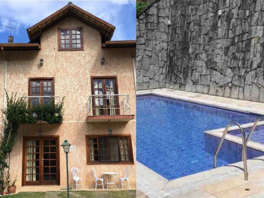 特雷索波利斯Casa com vista deslumbrante próximo a feirinha的两幅房子和游泳池的照片