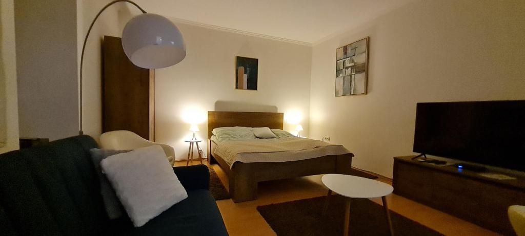 米什科尔茨Ida Apartman的一个小客厅,配有一张床和一张沙发