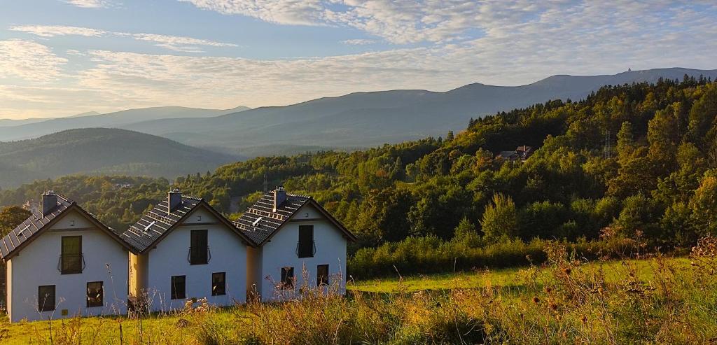 斯克拉斯卡波伦巴Domki Na Skale z widokiem na panoramę Karkonoszy的两座白色房子,位于山丘上,背景是群山