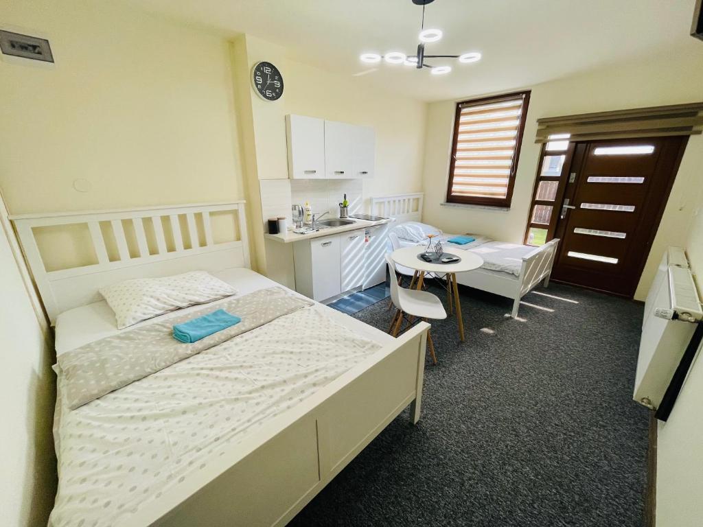 皮佐维斯诺克雷吉机场公园酒店的一间卧室配有一张床和一张桌子