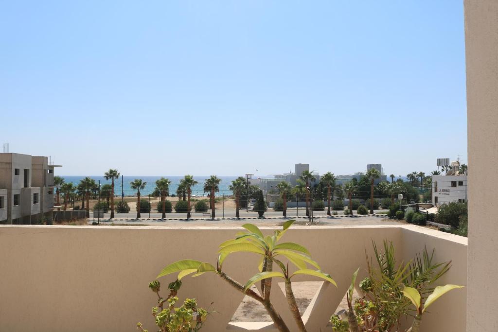 皮拉Ria Beach Sea View Apartment的从棕榈树建筑的阳台上可欣赏到风景