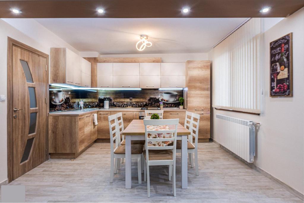 旧扎戈拉Apartment Trayana的厨房以及带桌椅的用餐室。
