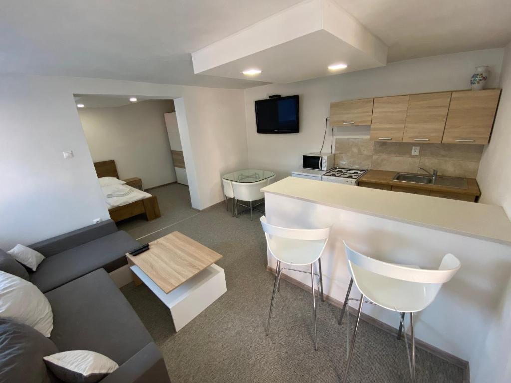 莱维采ARD Apartments - Levice的厨房以及带柜台和椅子的起居室。