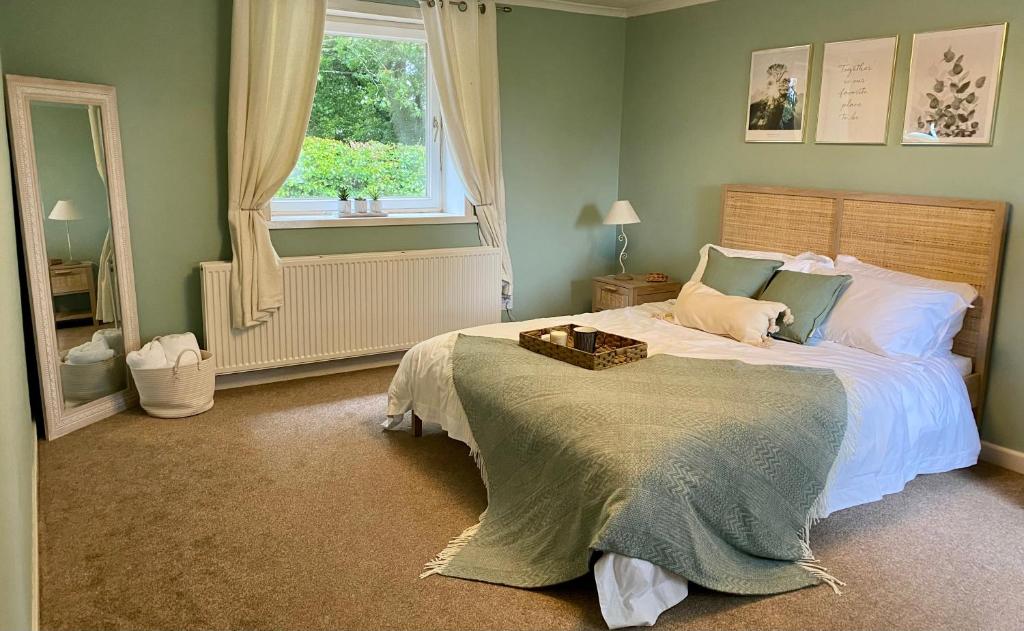 约翰斯通布里奇Johnstonebridge Cottage的一间卧室设有一张大床和一个窗户。